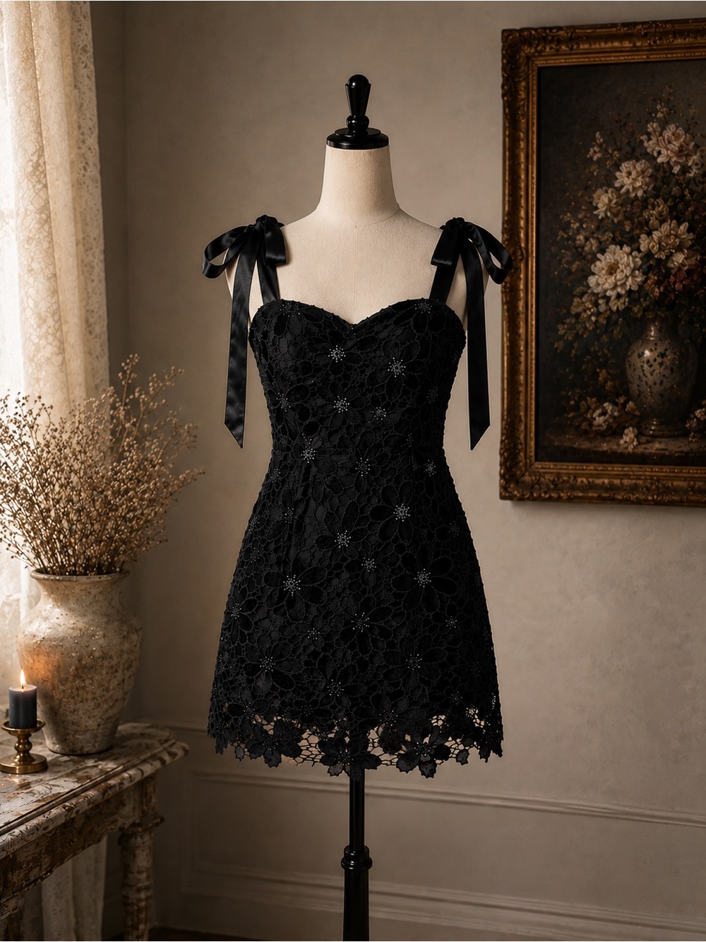 Lulu's Black Floral Lace Tie-Shoulder Slip Dress